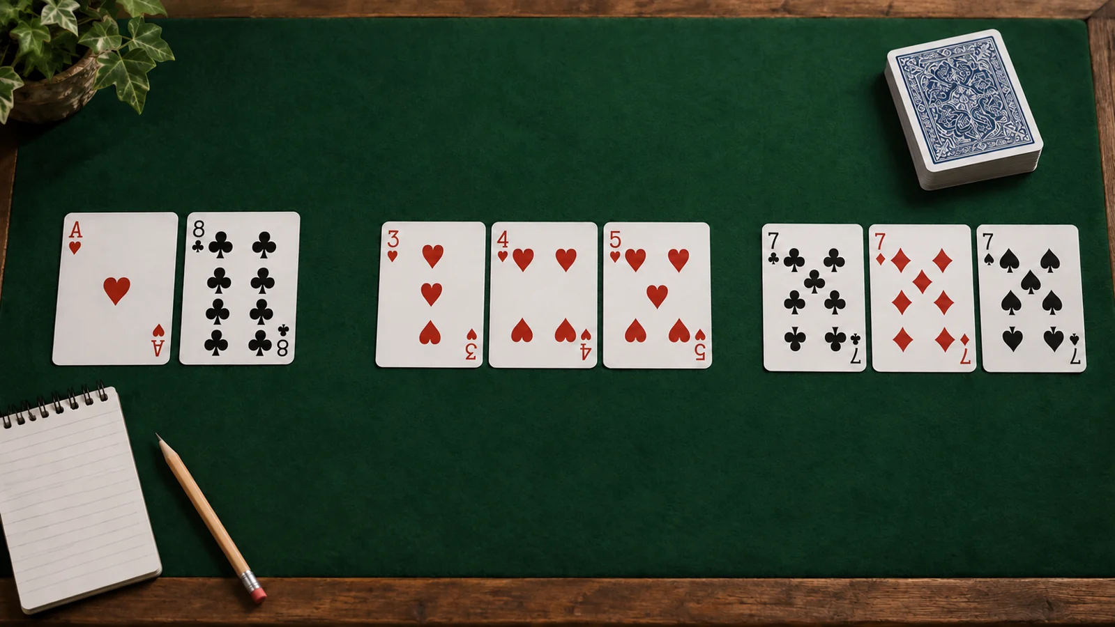 Playing cards and separate card groups on a green tabletop for an ABC8 card games illustration