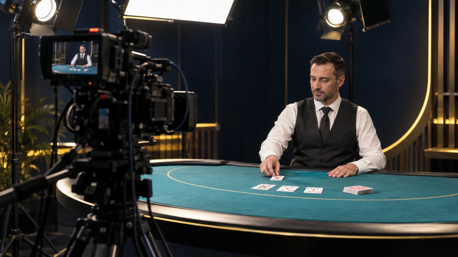 Conceptual live casino studio with an adult dealer, card table and broadcast camera
