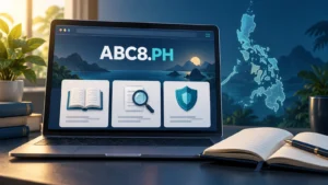 Concept illustration of the ABC8.PH website with reading, document-review and security icons on a laptop.