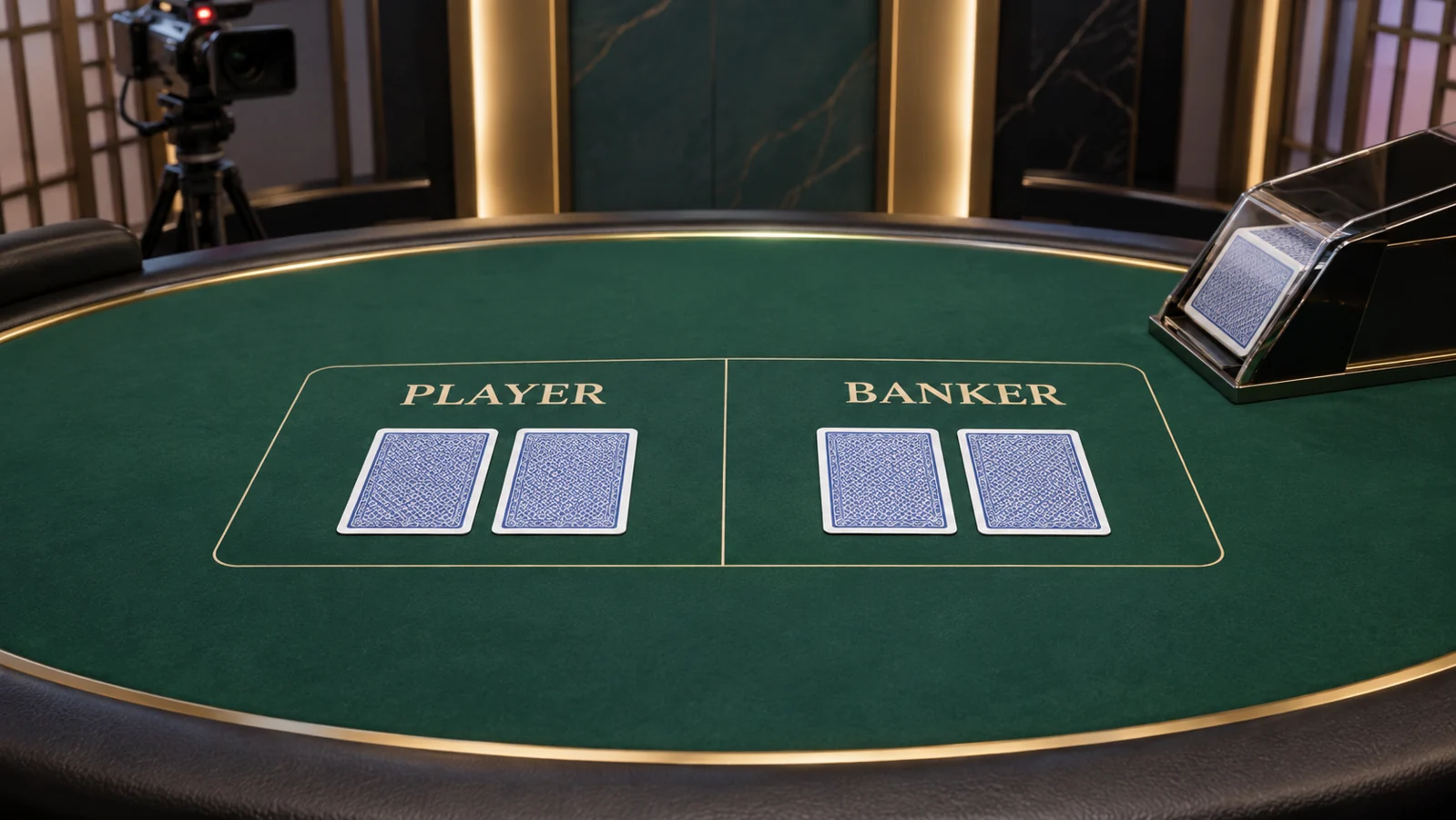 Concept illustration of a baccarat table with Player and Banker card areas, face-down cards and a card shoe.
