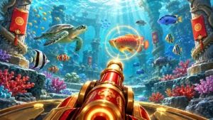 Original underwater arcade illustration with colourful fish and a red-and-gold cannon for Cai Shen Fishing