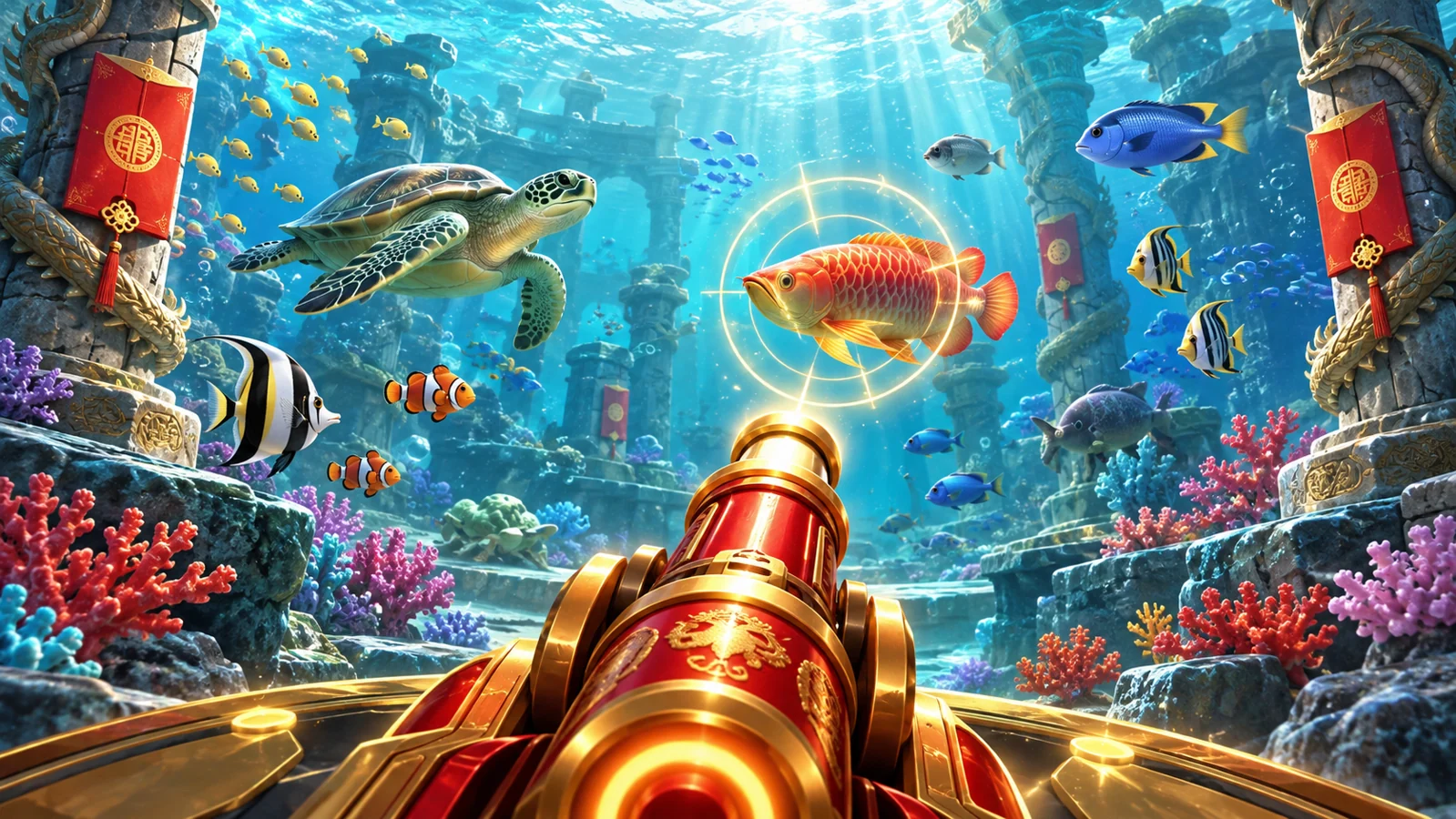 Original underwater arcade illustration with colourful fish and a red-and-gold cannon for Cai Shen Fishing