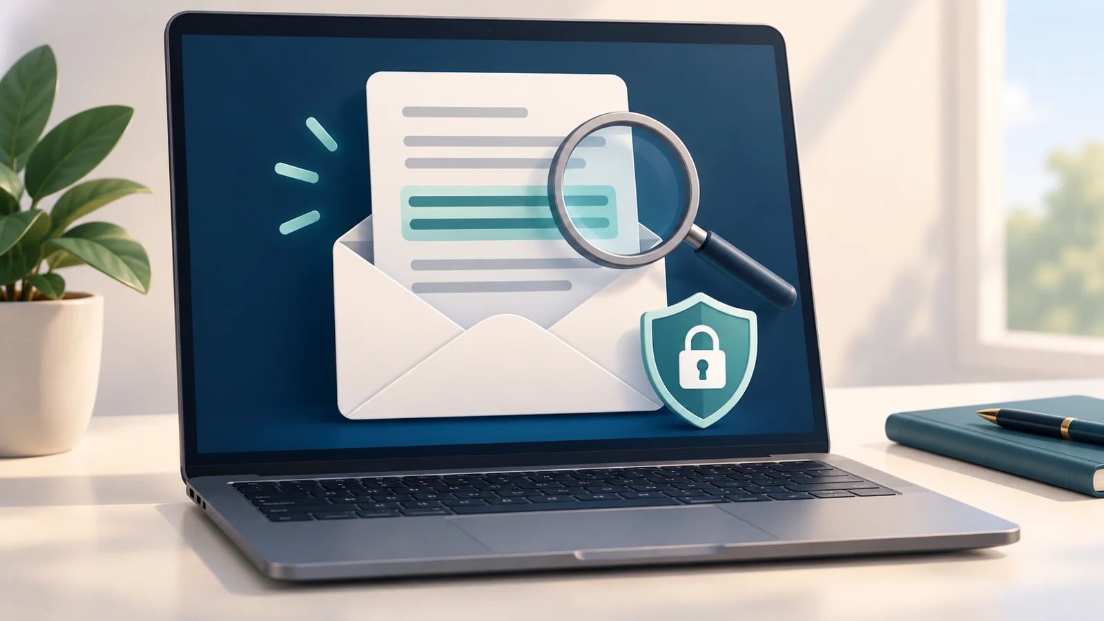 Laptop illustration with an envelope, highlighted document and privacy shield for website enquiries.