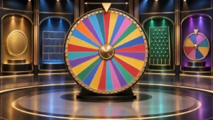 Concept illustration of a studio game-show wheel with coin, tile-grid, peg-board and smaller-wheel panels.