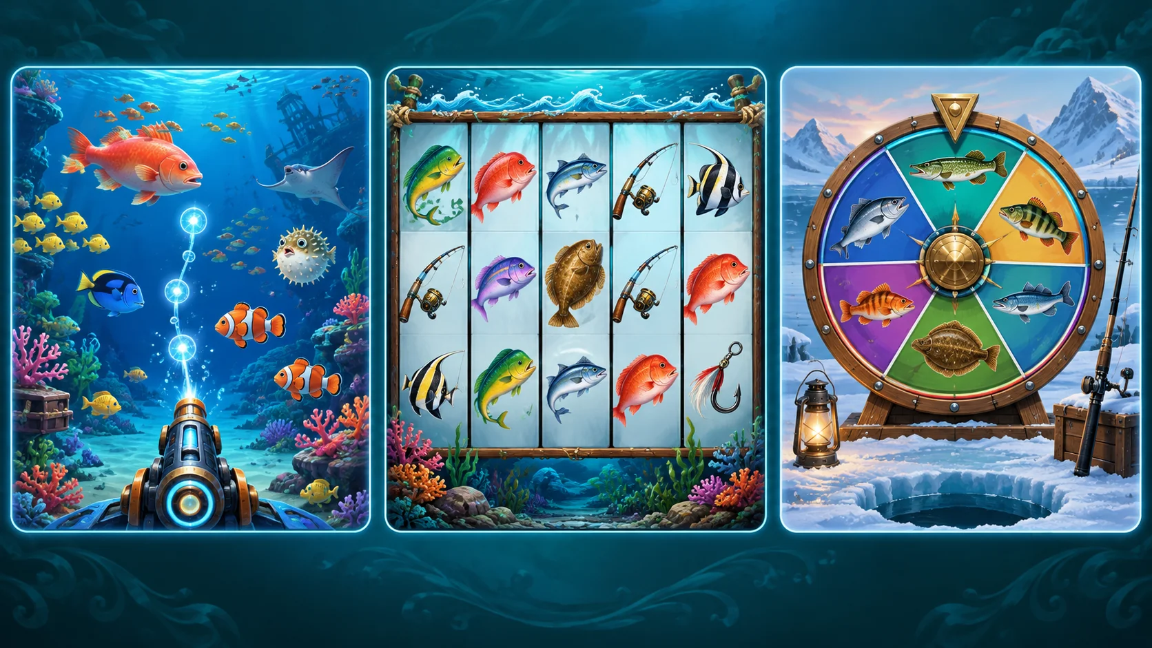 Three illustrated fishing game formats: underwater arcade targets, fish-themed reels and an icy game-show wheel.