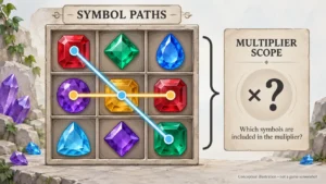 Conceptual gemstone grid with two overlapping symbol paths and a separate multiplier-scope card.