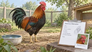 A rooster in a calm shaded enclosure beside water and an observation clipboard, illustrating animal welfare.