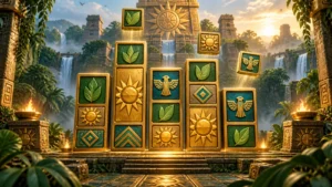 Original golden temple illustration with a changing symbolic reel grid for Golden Empire