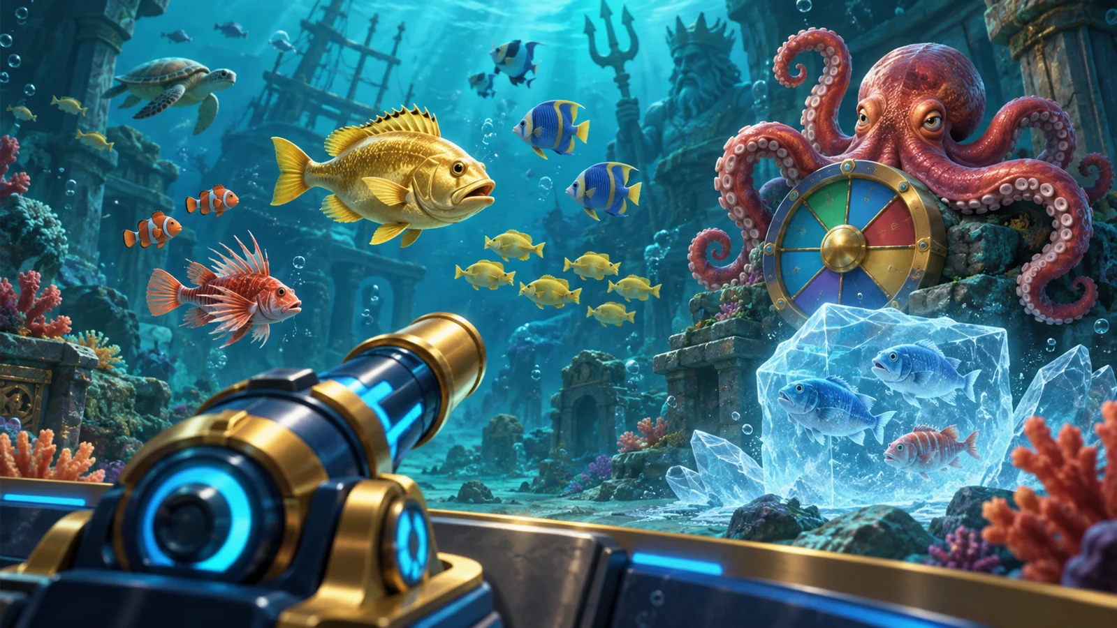 Concept illustration for Happy Fishing showing an aiming cannon, fish, an octopus wheel and a frozen patch.