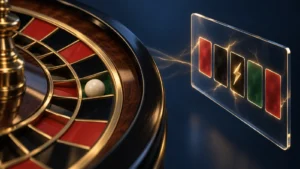 Concept illustration for Lightning Roulette with a physical wheel beside a separate lightning-feature panel.