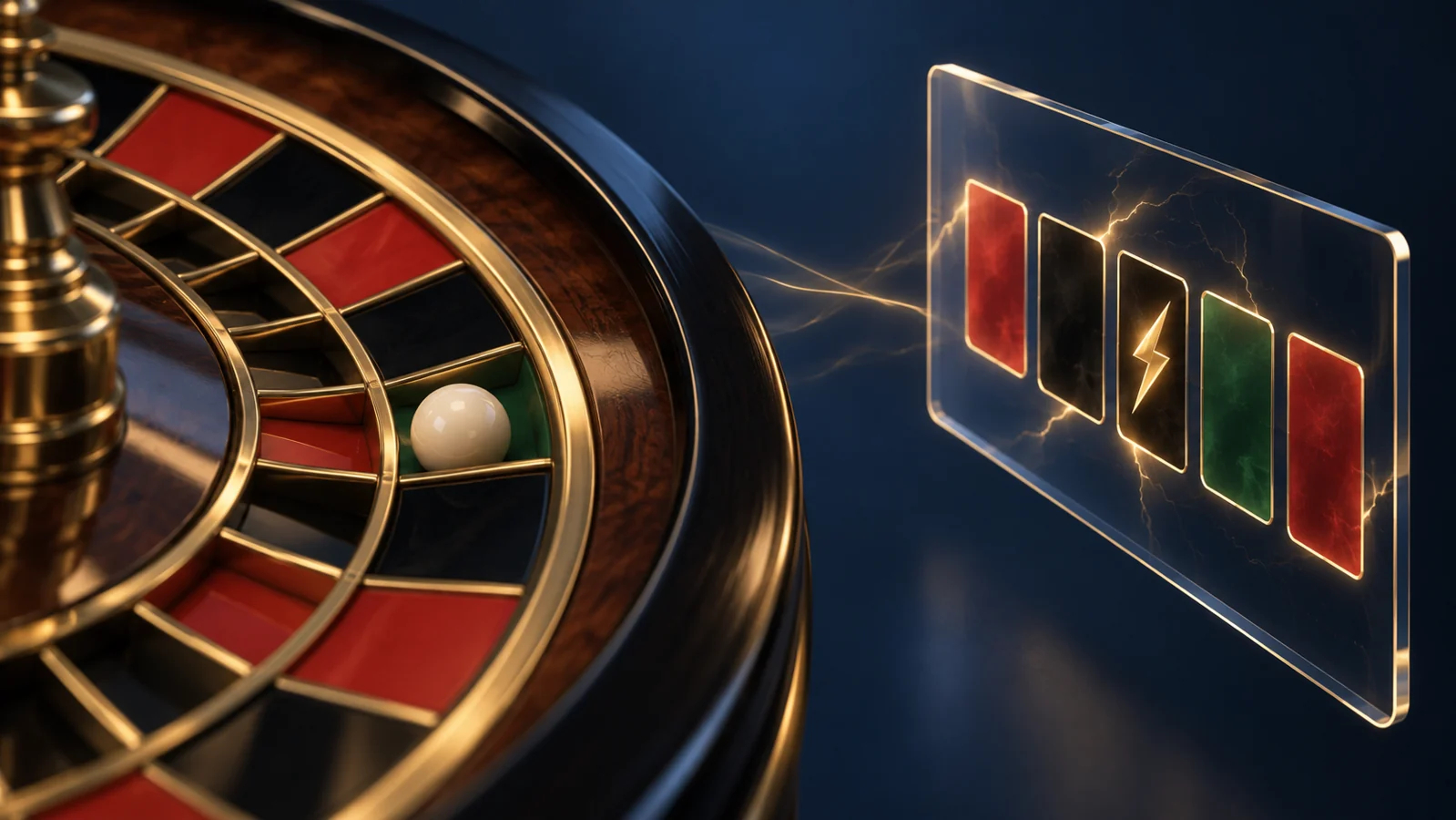 Concept illustration for Lightning Roulette with a physical wheel beside a separate lightning-feature panel.