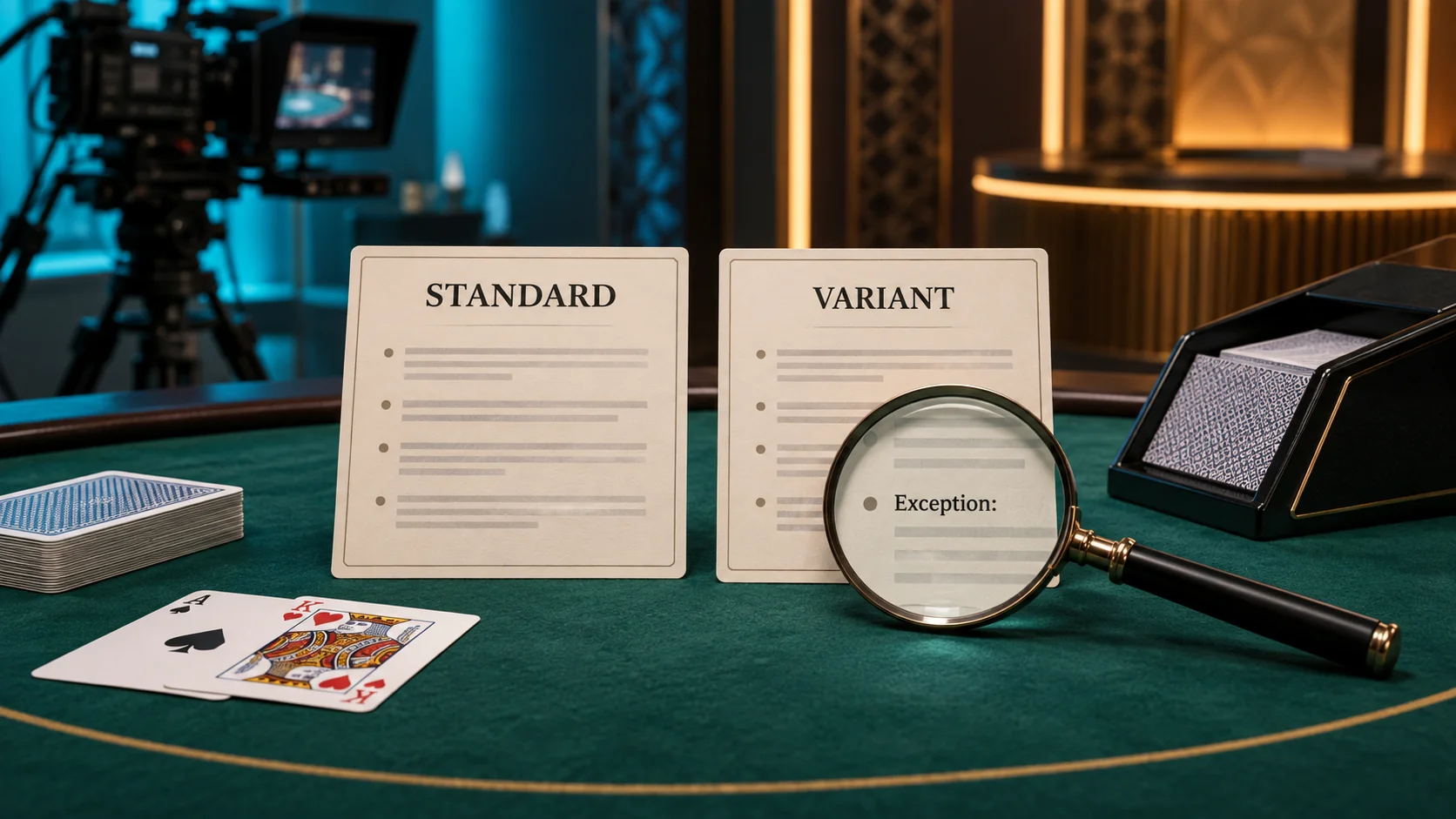 Two rule cards labelled Standard and Variant beside playing cards and a studio camera.