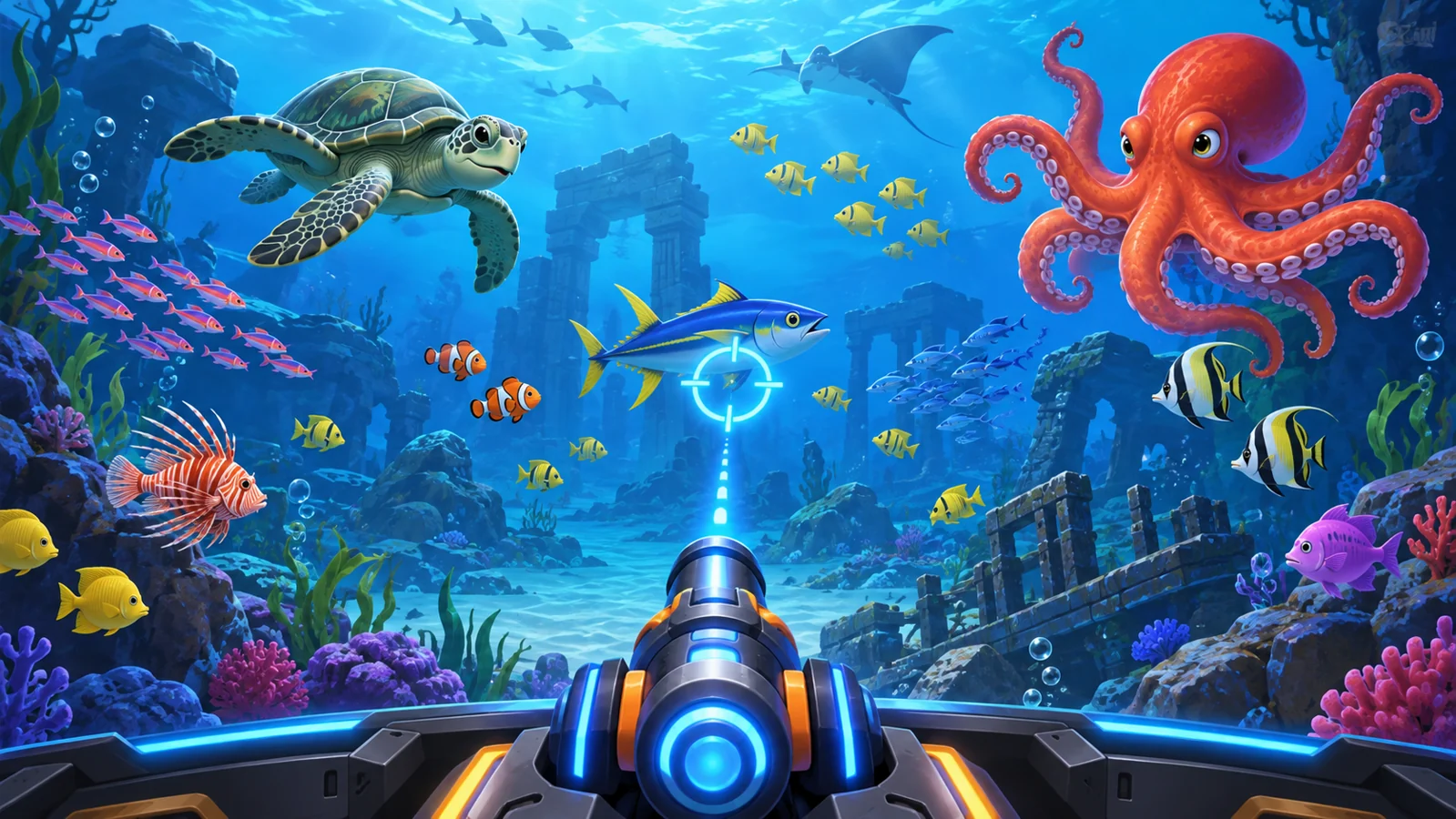 Concept illustration of an underwater fish-shooting arcade scene with an octopus, turtle and aiming cannon.