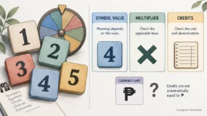 Number symbols and a wheel beside separate labels for symbol value, multiplier, credits and currency.