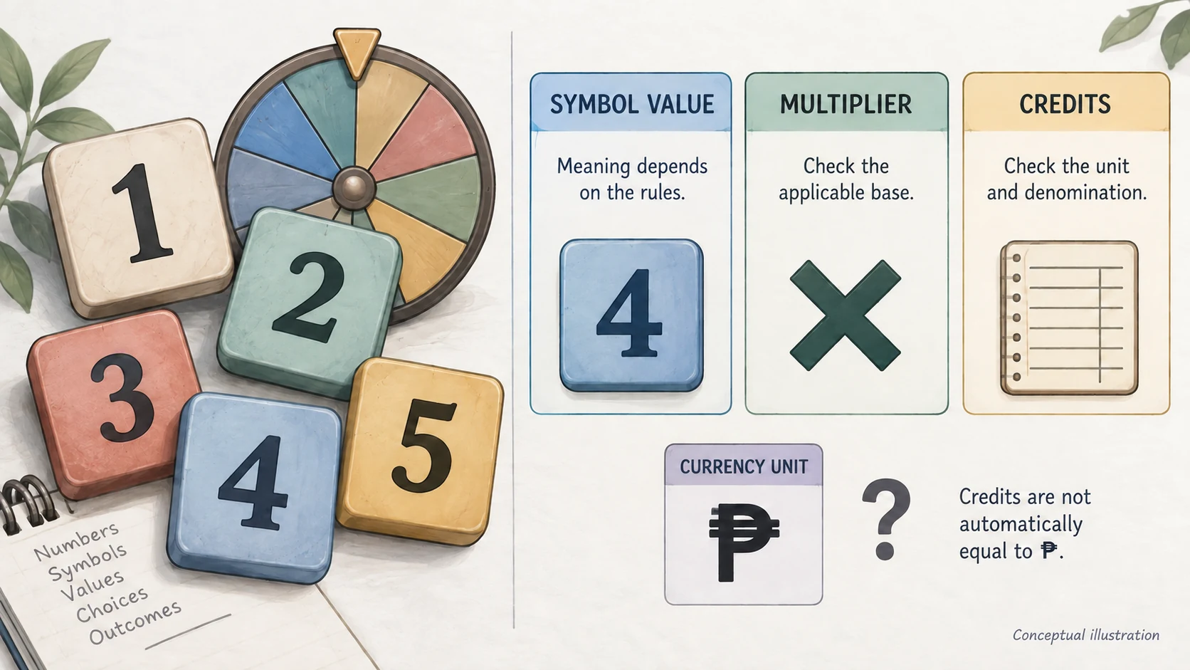 Number symbols and a wheel beside separate labels for symbol value, multiplier, credits and currency.