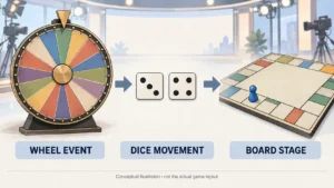 Conceptual wheel event, dice movement and board stage shown as three separate parts of a game-show sequence.