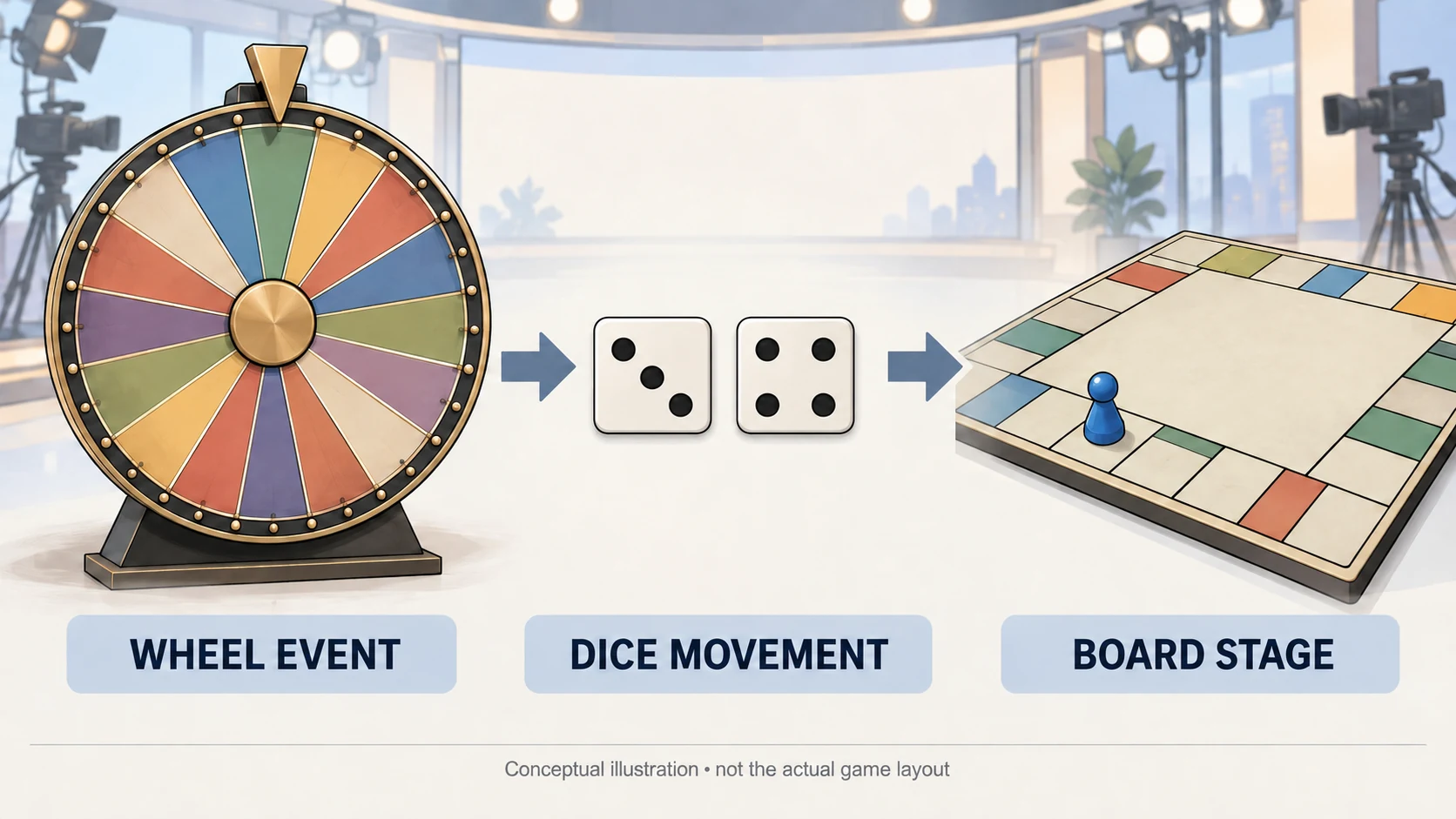Conceptual wheel event, dice movement and board stage shown as three separate parts of a game-show sequence.