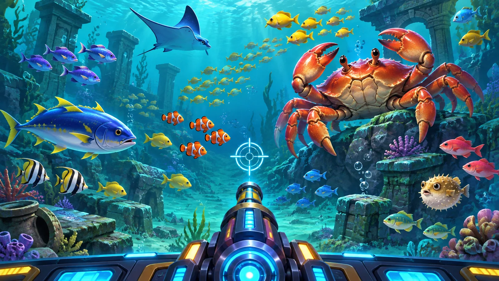Concept illustration of a fish-shooting arcade scene with schools of fish, a large crab and an aiming cannon.