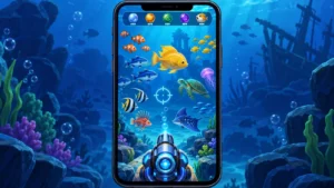 Concept illustration of a mobile fish-shooting arcade screen with fish, collection icons and an aiming cannon.