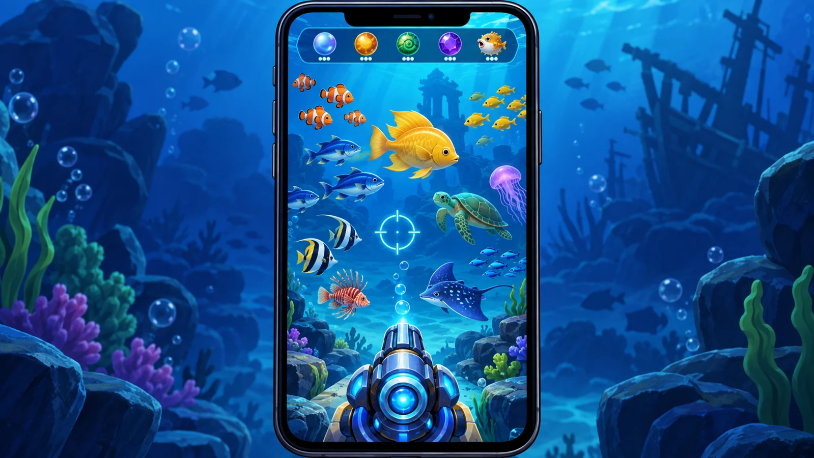 Concept illustration of a mobile fish-shooting arcade screen with fish, collection icons and an aiming cannon.