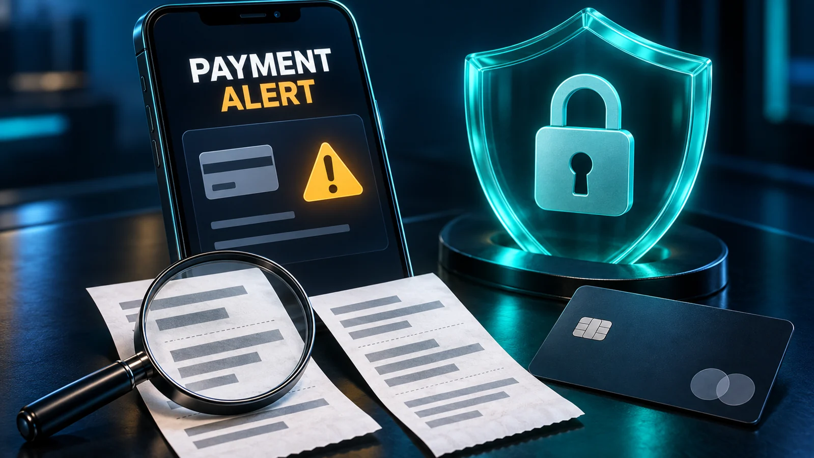Illustration of a payment alert on a phone, a shield with a padlock and transaction receipts under a magnifying glass.