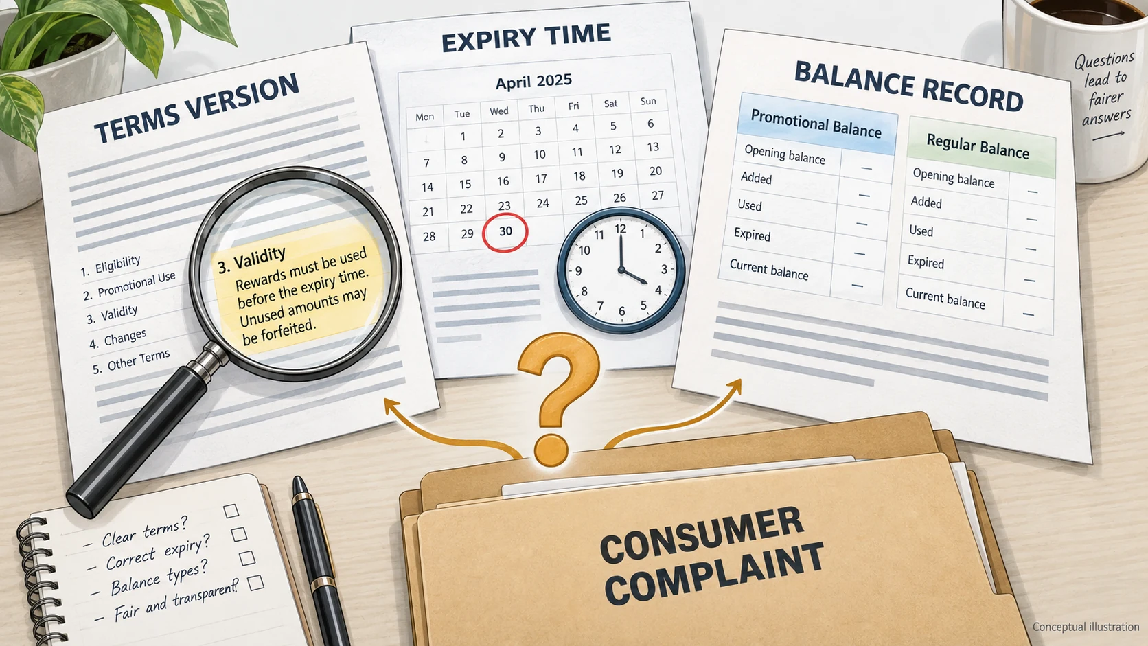 Terms, expiry time and balance records arranged as evidence for reviewing a promotion dispute.
