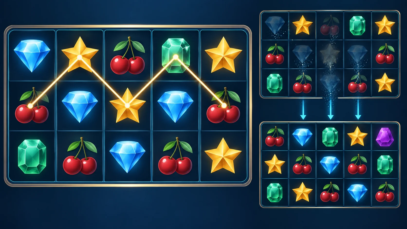 Illustrated slot grid with a zigzag payline beside two conceptual cascade stages.