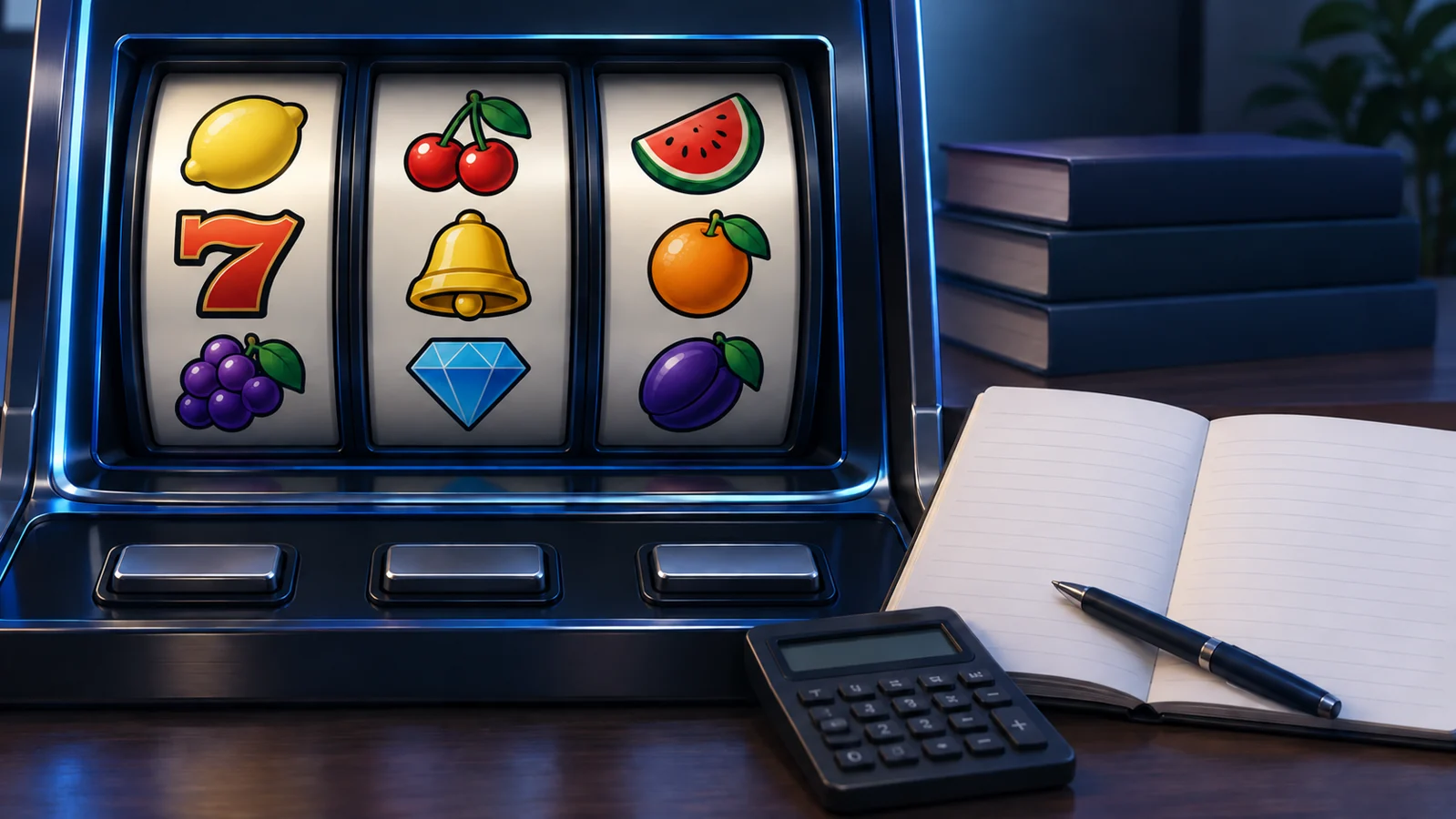 Illustration of a three-reel slot display beside a calculator and open notebook.