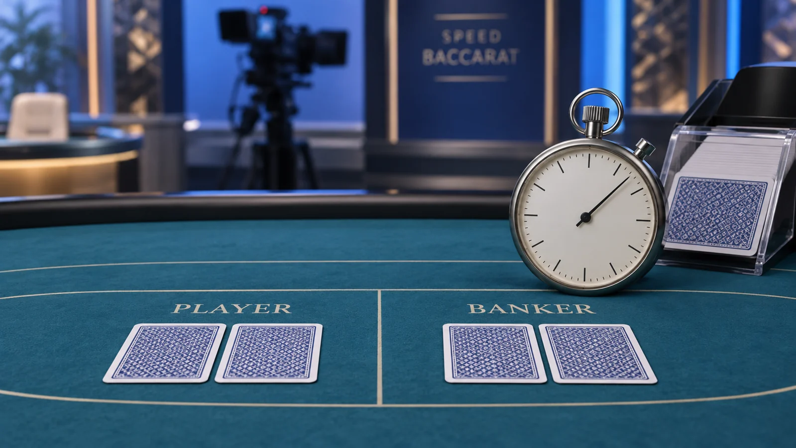Concept illustration of a baccarat table with two pairs of face-down cards and a stopwatch.