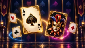 Original card-themed reel illustration with gold-framed cards and a Joker for Super Ace