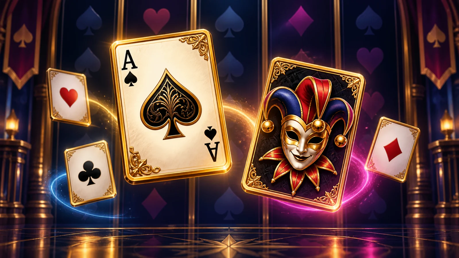 Original card-themed reel illustration with gold-framed cards and a Joker for Super Ace