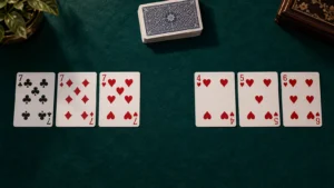 Playing cards arranged into a set and a same-suit run for a Tongits rules illustration