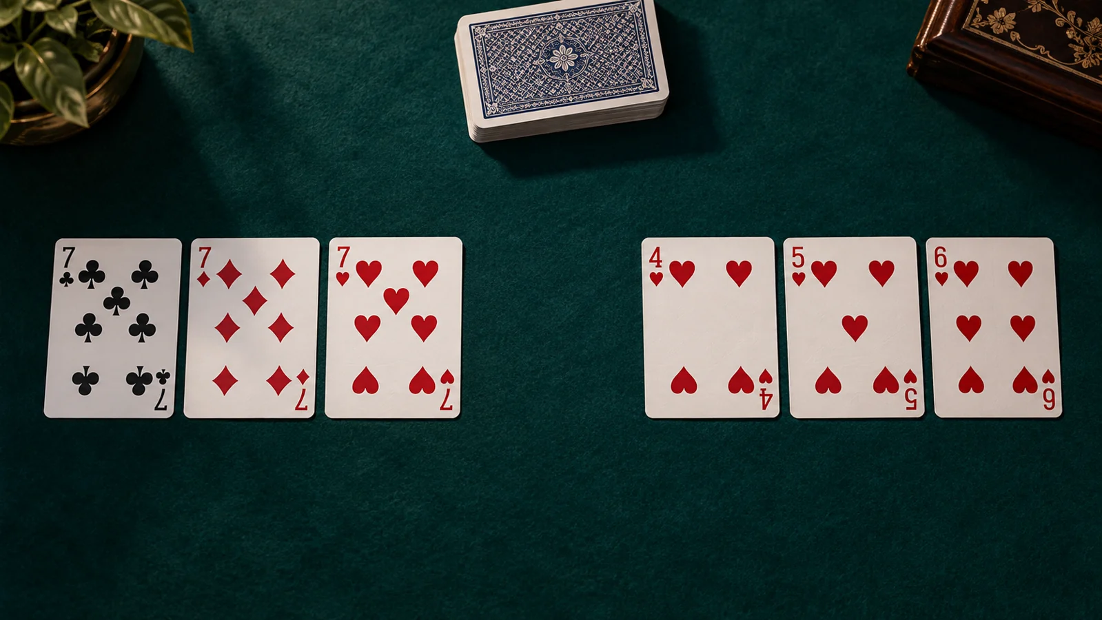 Playing cards arranged into a set and a same-suit run for a Tongits rules illustration