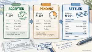Conceptual transaction records showing accepted, pending and settled stages for the same reference.