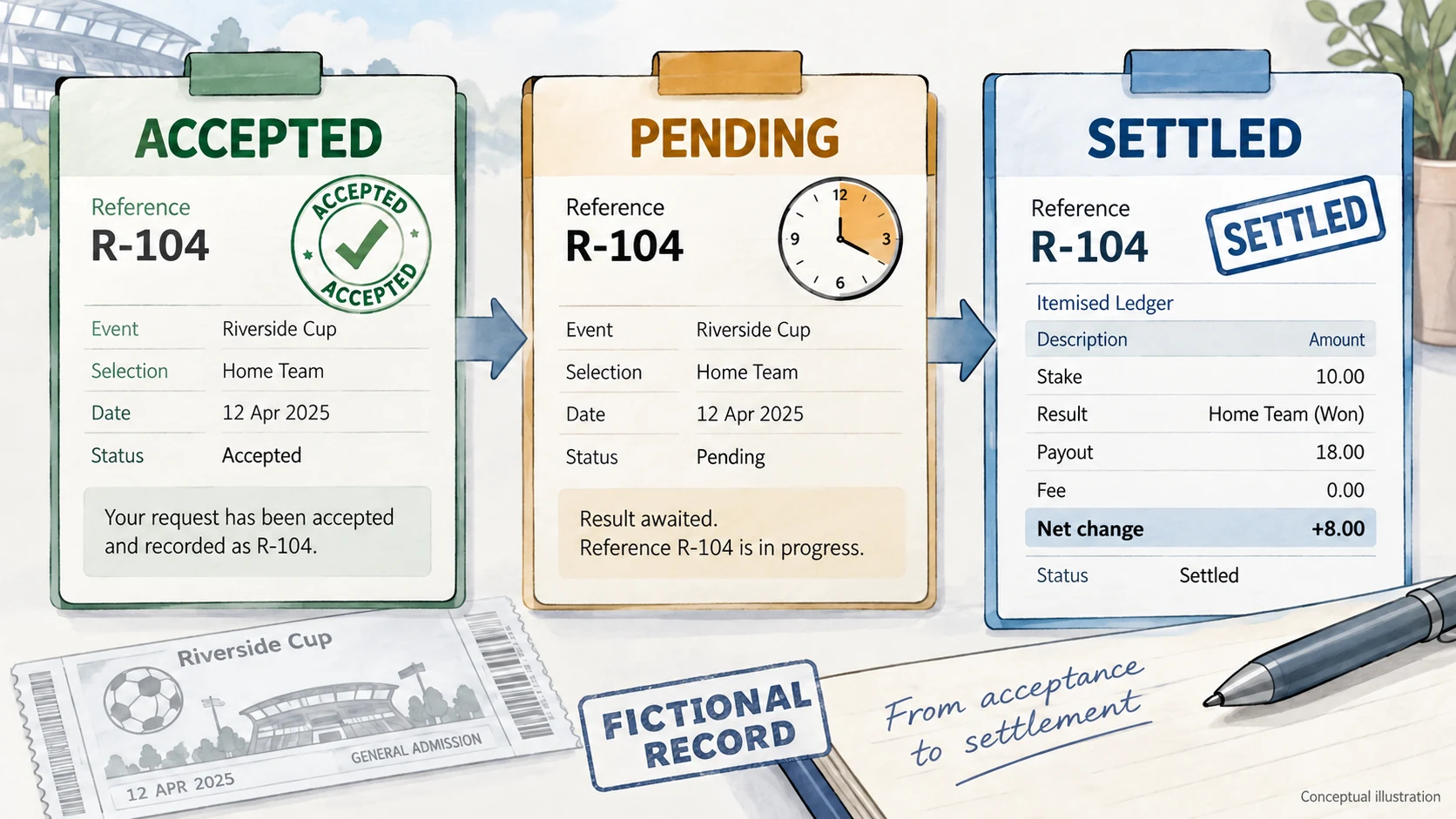 Conceptual transaction records showing accepted, pending and settled stages for the same reference.