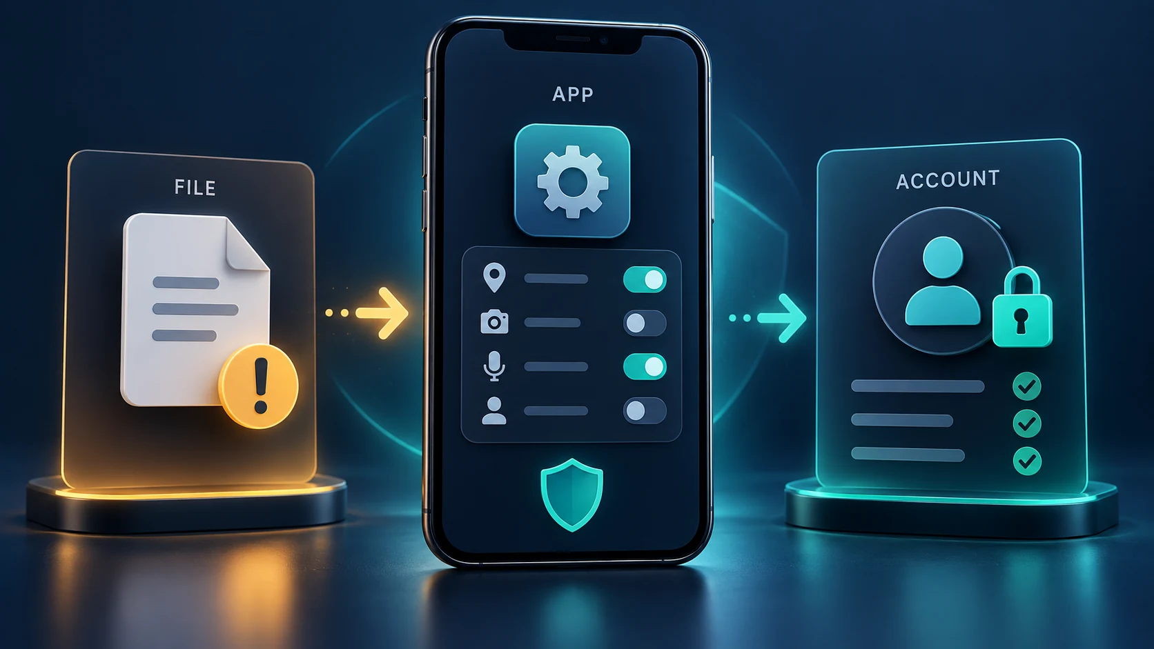 Illustration separating a downloaded file, mobile app permissions and account security checks